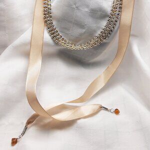 Handmade ribbon necklace with 3mm glass and metal beads - No. 213
